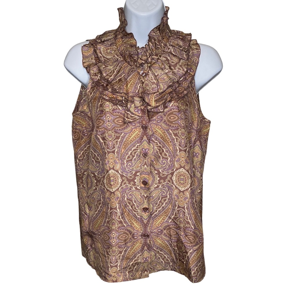 J Crew Womens Paisley Ruffled Sleeveless‎ Silk Blouse Size 2 Edwardian Victorian